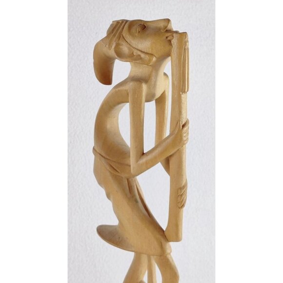 MCM Indonesian Carved Pair 14" Wooden Sculptures Musicians Windpipes 50s-60s - Picture 4 of 13